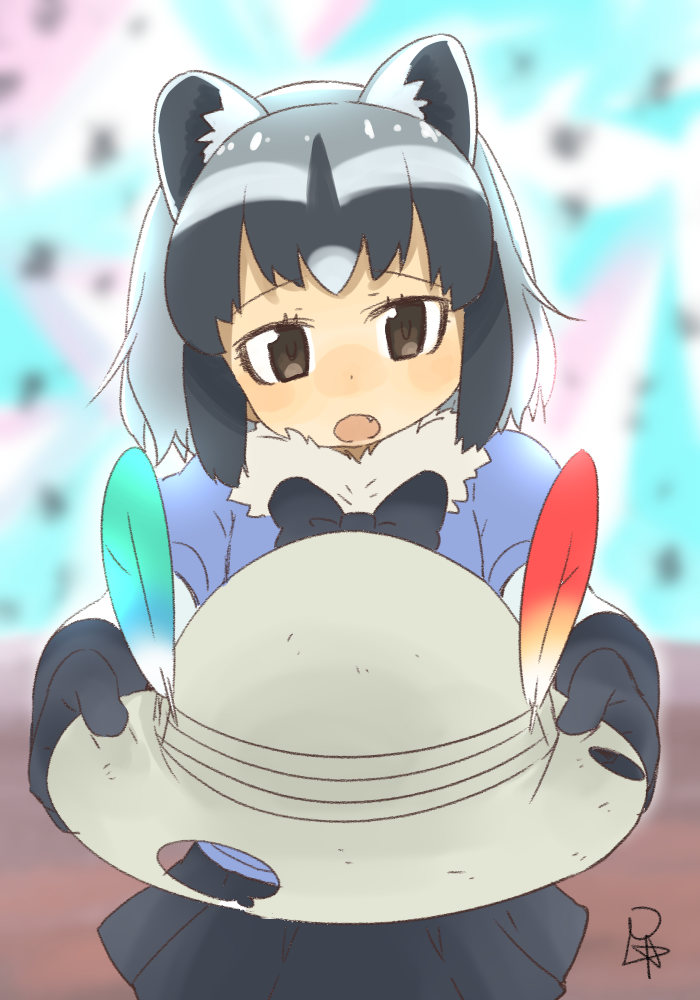 1girl, :o, animal_ears, black_hair, black_ribbon, black_skirt, blue_shirt, blurry