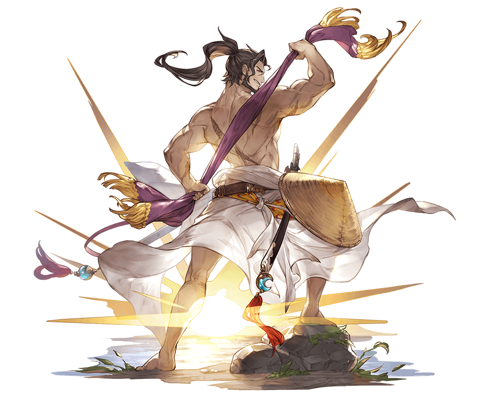 1boy, abs, back, bare_shoulders, barefoot, beard, belt, brown_hair