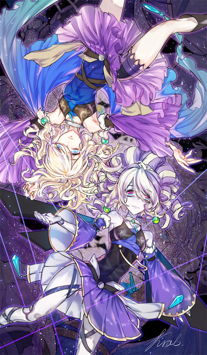 2girls, armpit_peek, armpits, bare_shoulders, black_boots, blonde_hair, blue_eyes, boots