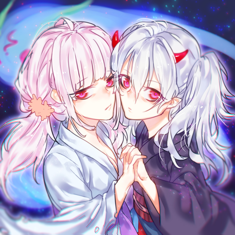 2girls, bangs, blunt_bangs, closed_mouth, duel_monster, ghost_ogre_&amp;_snow_rabbit, ghost_reaper_&amp;_winter_cherries, hair_between_eyes