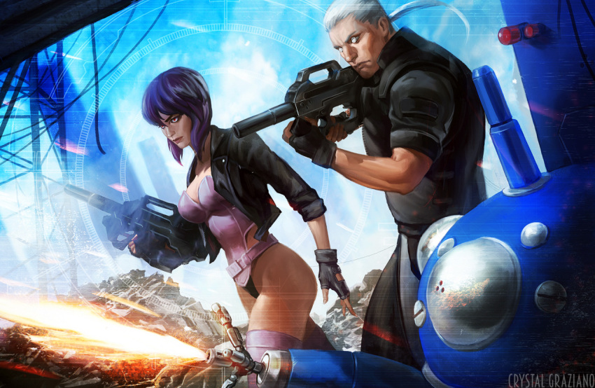 1boy, 1girl, aiming, artist_name, batou, black_gloves, black_jacket, black_leotard