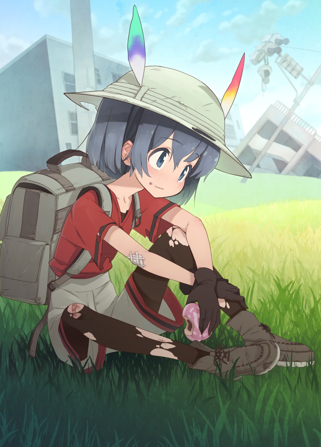 1girl, :3, alternate_footwear, ankle_boots, backpack, bag, bandaid, bandaid_on_knee
