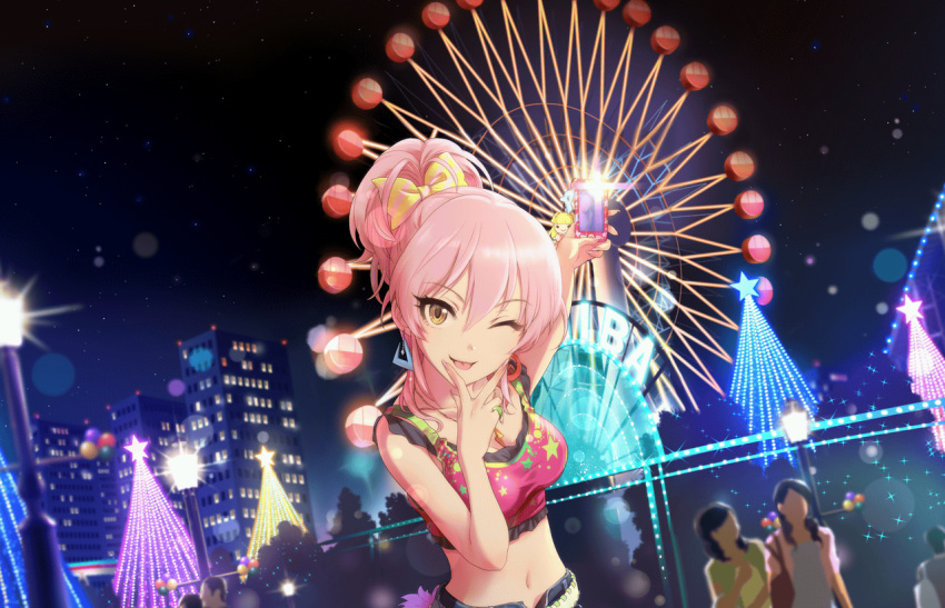 1girl, ;p, arm_up, artist_request, balloon, bangs, bare_arms, bare_shoulders