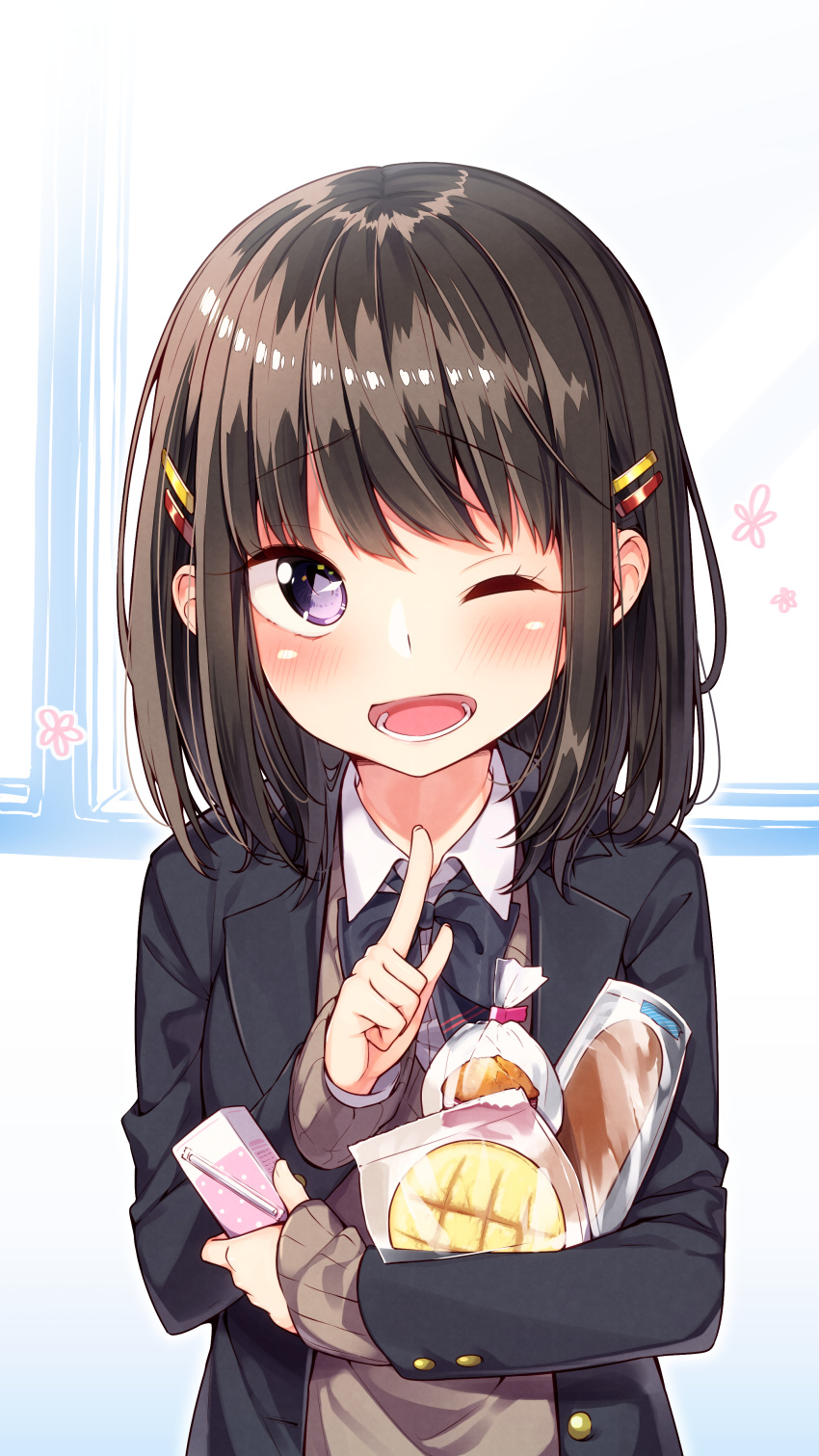 1girl, ;d, absurdres, aikawa_sora, bangs, black_bow, black_ribbon, blazer