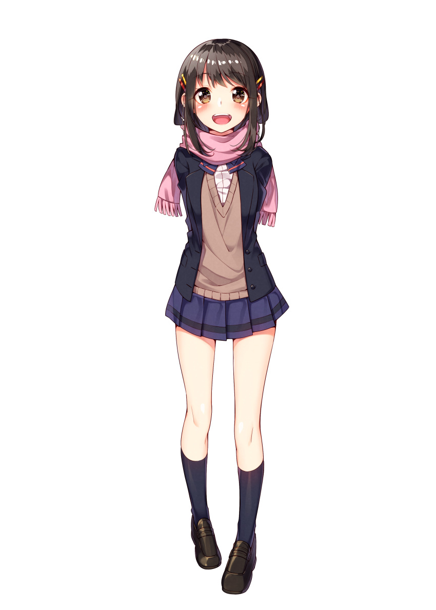 1girl, :d, absurdres, aikawa_sora, bangs, black_shoes, blazer, blue_legwear