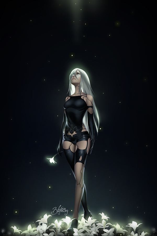 1girl, android, dark_background, flower, light, lisa_buijteweg, long_hair, looking_up