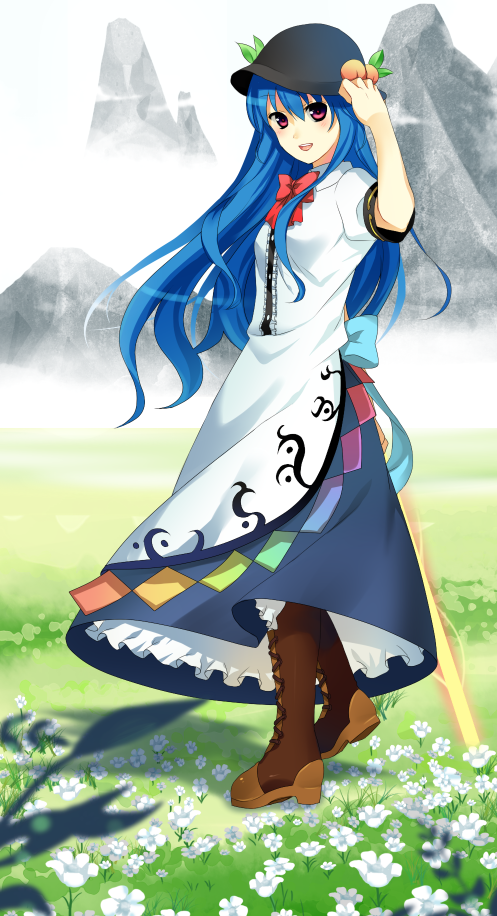 1girl, blue_hair, boots, cross-laced_footwear, field, flower, flower_field, full_body
