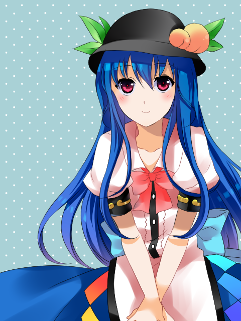 1girl, aqua_background, blue_hair, blush, bow, bowtie, dress, field
