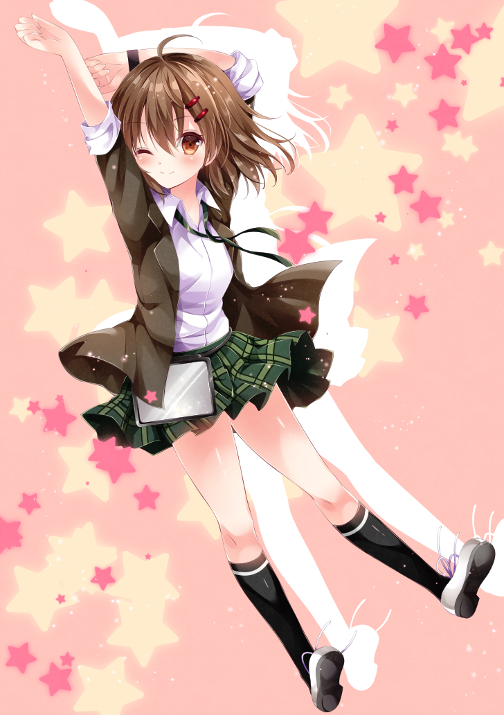 1girl, ;), ahoge, bangs, black_legwear, blazer, blush, brown_eyes, brown_hair, closed_mouth, collared_shirt, eyebrows_visible_through_hair, full_body, green_skirt, hair_between_eyes, jacket, kneehighs, kurei_kei, legs_apart, looking_at_viewer, nogi_takayoshi, one_eye_closed, open_blazer, open_clothes, open_jacket, plaid, plaid_skirt, pleated_skirt, programming_live_broadcast, pronama-chan, school_uniform, shirt, shoes, short_hair, silhouette, skirt, smile, solo, star, starry_background, tablet, white_shirt, white_shoes