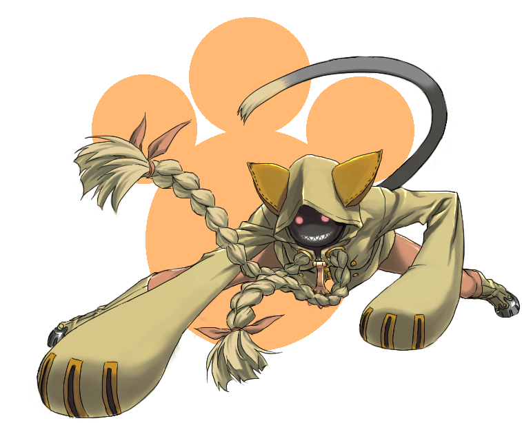blazblue, braid, dark_skin, grin, long_hair, smile, tail, taokaka
