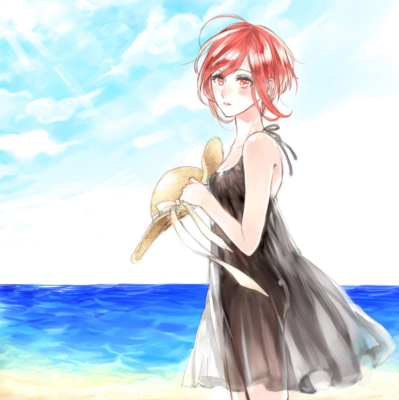 1girl, alternate_costume, beach, black_dress, datte_waka, dress, hat, no.6