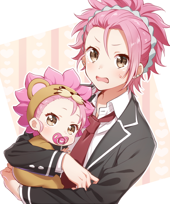 2boys, animal_costume, baby, binan_koukou_chikyuu_bouei-bu_love!, blush, brown_eyes, dual_persona, lion_costume
