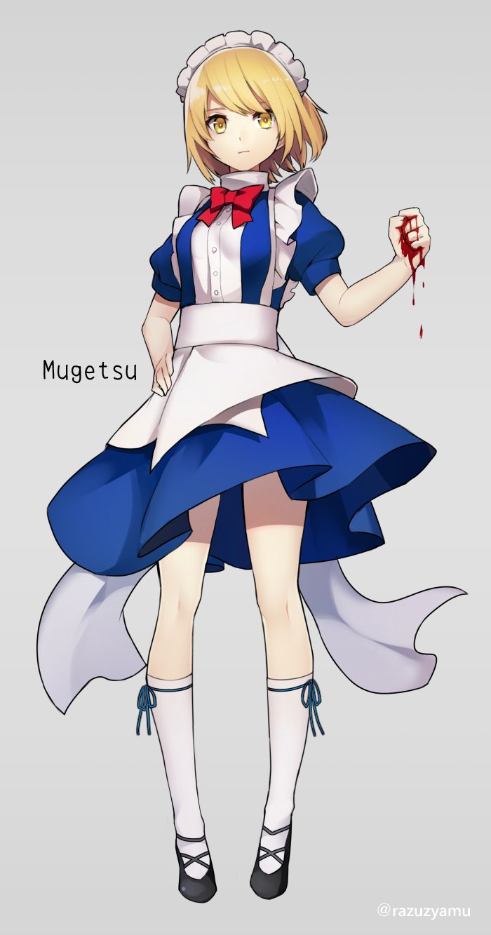 1girl, apron, blonde_hair, blood, bloody_hands, blue_bow, bow, bowtie, character_name, full_body, grey_background, hair_ornament, hand_on_hip, highres, kneehighs, looking_at_viewer, maid, maid_headdress, mugetsu, puffy_short_sleeves, puffy_sleeves, razuzyamu, red_bow, red_bowtie, ribbon, shoes, short_hair, short_sleeves, simple_background, socks, solo, touhou, touhou_(pc-98), twitter_username, yellow_eyes