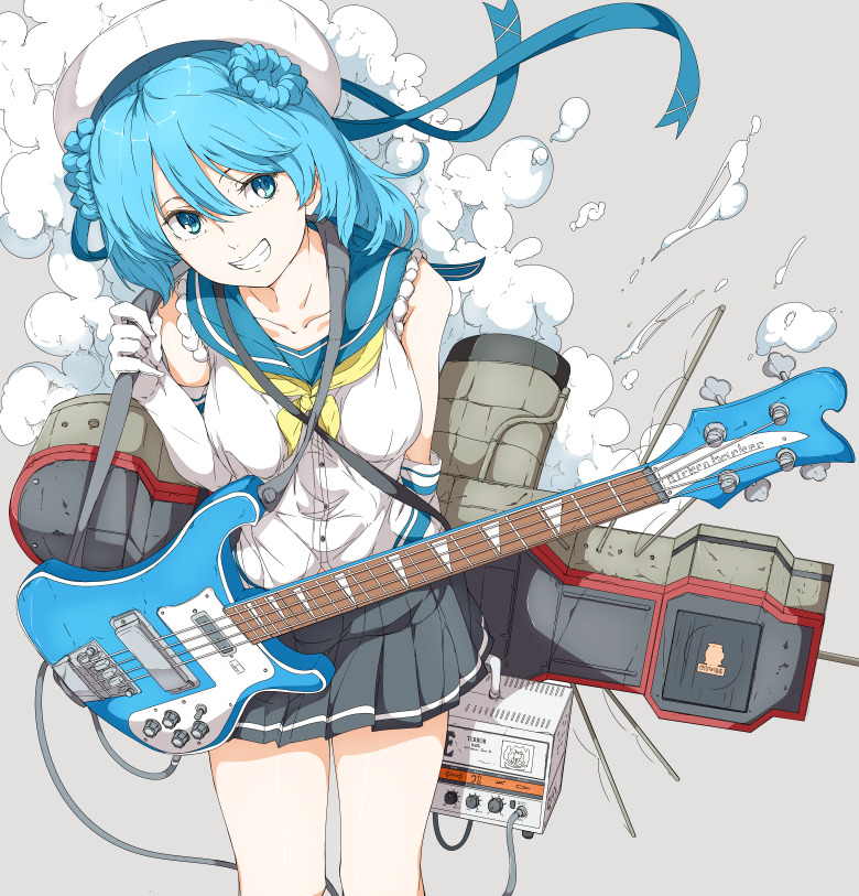 1girl, amplifier, bass_guitar, blue_eyes, blue_hair, breasts, collarbone, commentary_request