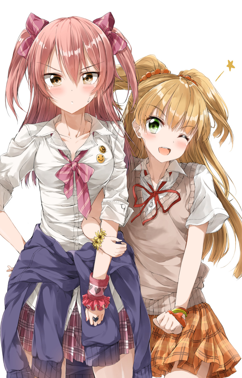 >:/, >;d, :/, ;d, absurdres, badge, blonde_hair, blush