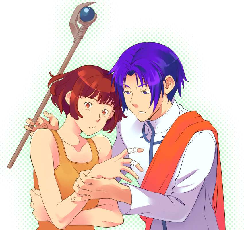 1boy, 1girl, 50, bandage, bare_shoulders, blue_eyes, blue_hair, brown_hair
