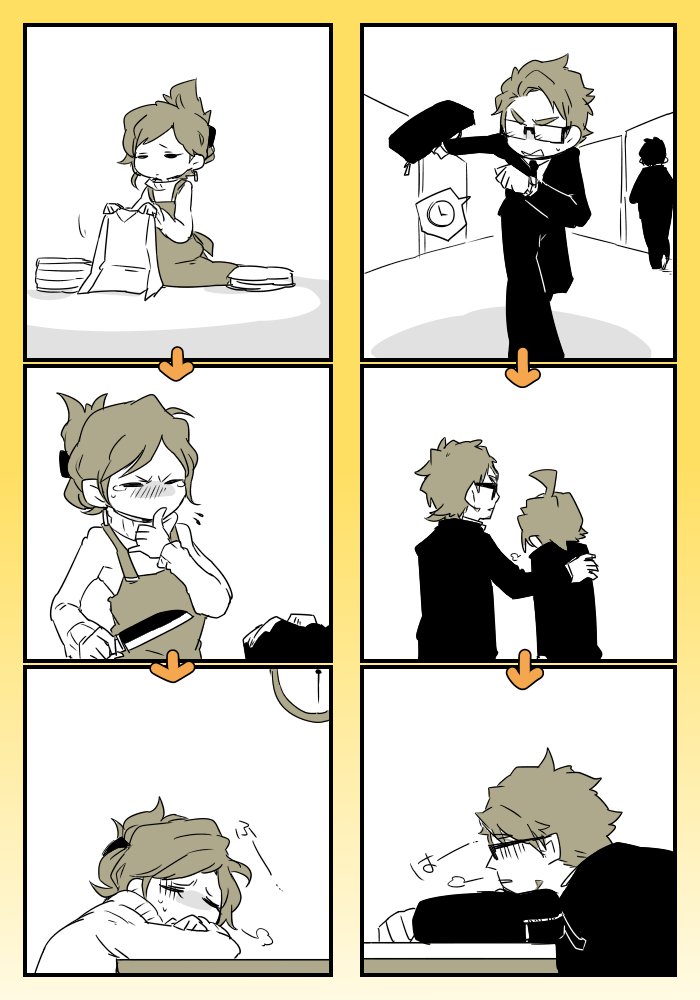 1girl, 2boys, apron, arm_rest, business_suit, comic, cut_finger, cutting_board, formal, laundry, multiple_boys, nana_(raiupika), original, running, silent_comic, suit, tired