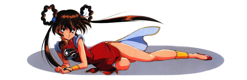 1girl, 90s, bracer, braid, brown_hair, china_dress, chinese_clothes, dress