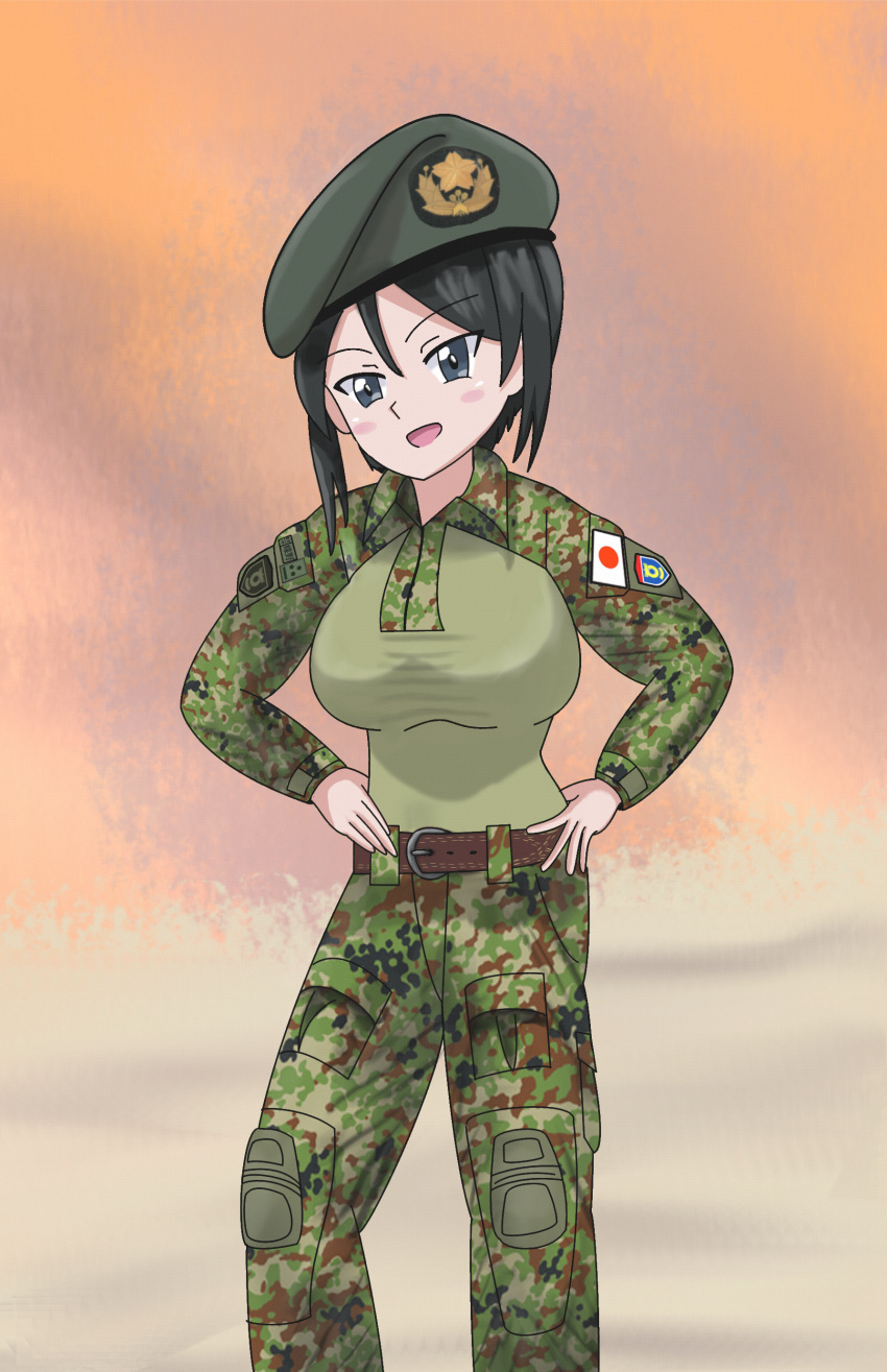 1girl, absurdres, beret, black_hair, breasts, chouno_ami, combat_shirt, desert, girls_und_panzer, green_shirt, hat, highres, ideshin, japan_ground_self-defense_force, japan_self-defense_force, japanese_flag, large_breasts, military, military_uniform, short_hair, tactical_clothes, uniform