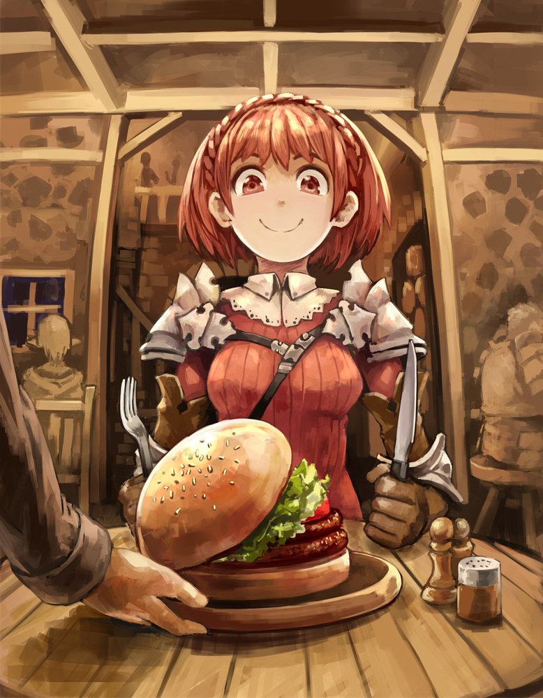 1girl, armor, between_breasts, food, fork, gloves, hamburger, knife