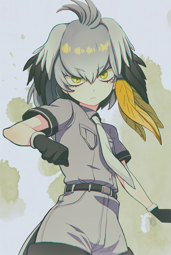 >:<, 1girl, :<, abstract_background, arm_at_side, belt, bird_wings, black_belt