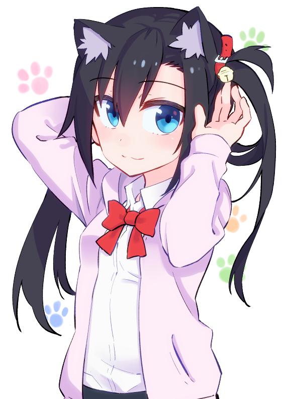 1girl, :3, aki_poi, animal_ears, bangs, bell, black_hair, blush
