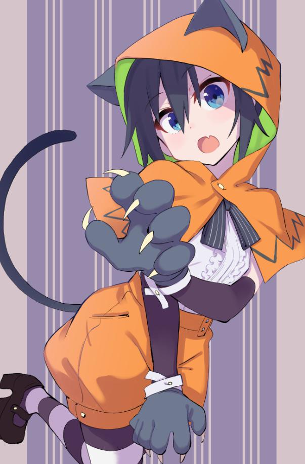 1girl, aki_poi, animal_ears, animal_hood, bangs, black_gloves, black_legwear, black_shoes, capelet, cat_ears, cat_hood, elbow_gloves, eyebrows_visible_through_hair, fang, gloves, hair_between_eyes, hood, kneehighs, looking_at_viewer, mary_janes, nekogasaki_natsuho, open_mouth, orange_shorts, paws, puffy_shorts, shoes, shorts, sidelocks, solo, striped, striped_legwear, urami_koi_koi_urami_koi., white_legwear