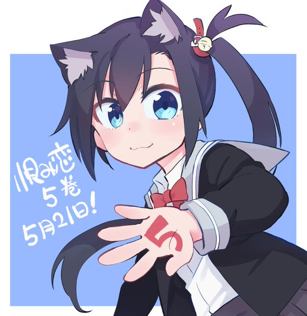 1girl, :3, aki_poi, animal_ears, bangs, bell, blue_background, blue_eyes