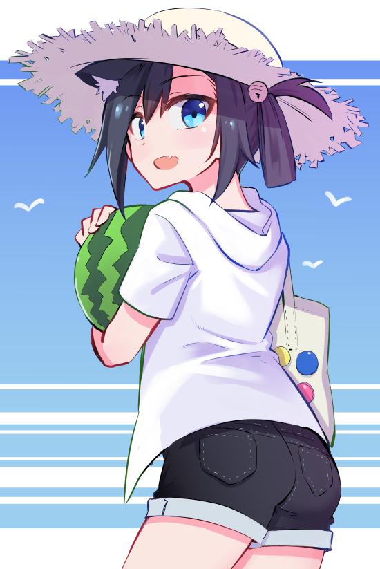 1girl, :d, aki_poi, bangs, black_shorts, eyebrows_visible_through_hair, fang, food