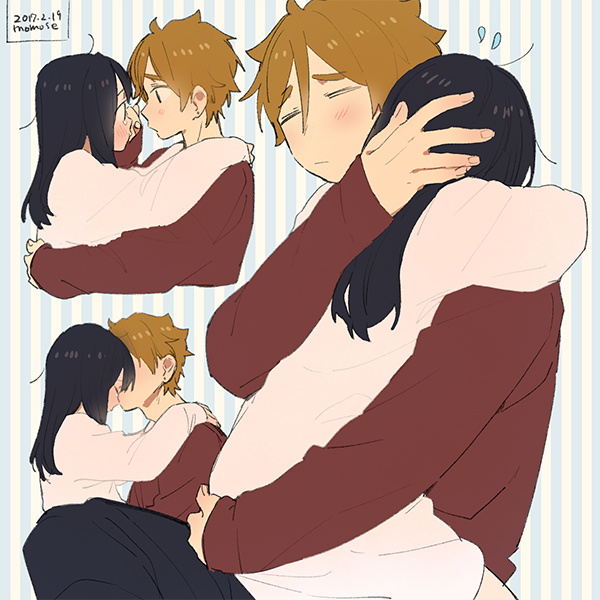 1girl, black_hair, brown_hair, brown_sweater, closed_eyes, couple, eye_contact, hetero