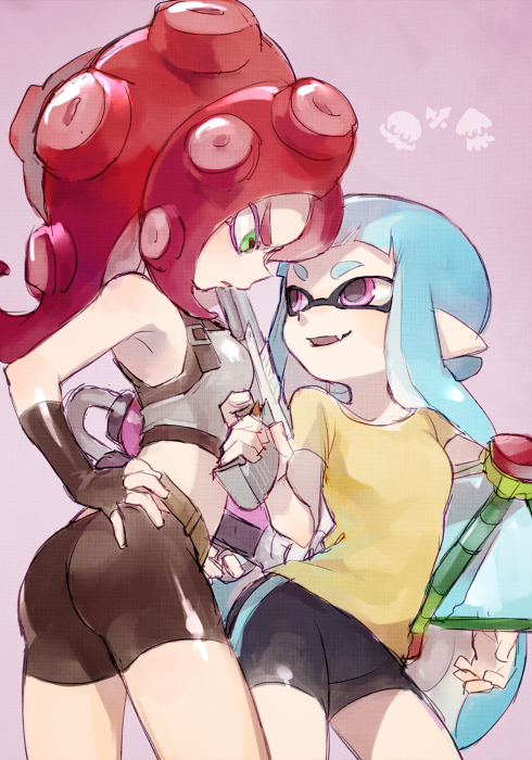 2girls, ass, at_gunpoint, bike_shorts, blue_hair, breasts, domino_mask, eyebrows