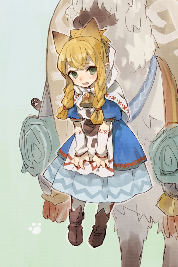 1girl, animal_ears, bell, blonde_hair, braid, capelet, cat_ears, detached_sleeves