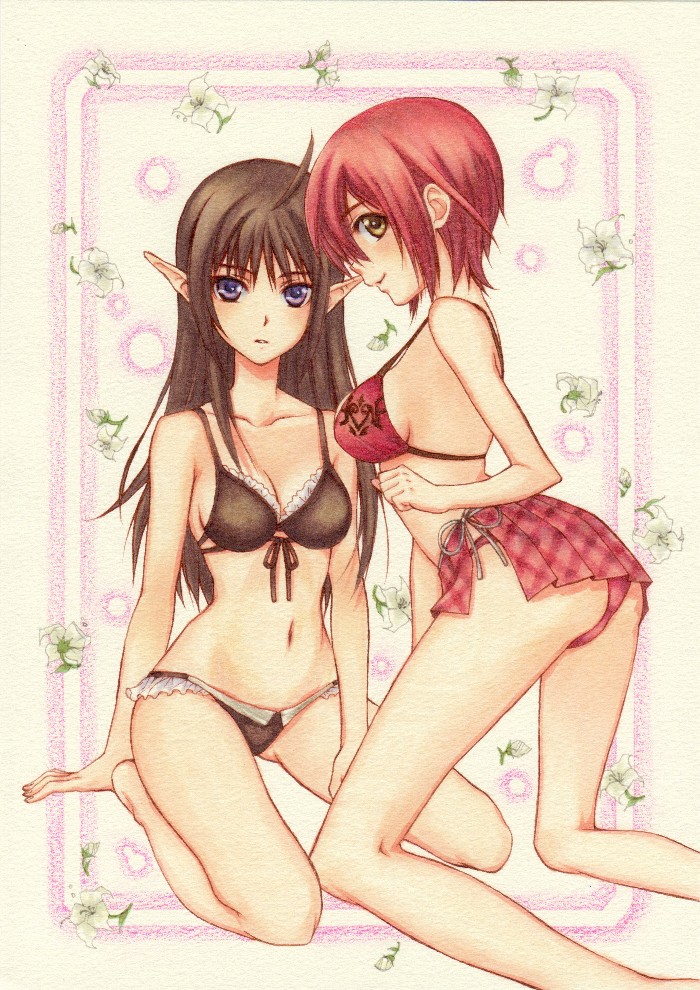 bikini, blush, breasts, brown_eyes, brown_hair, cleavage, kneeling, long_hair, pointy_ears, purple_eyes, red_hair, redhead, sakikuro, seena_kanon, shining_(series), shining_wind, short_hair, sideboob, swimsuit, violet_eyes, xecty_ein