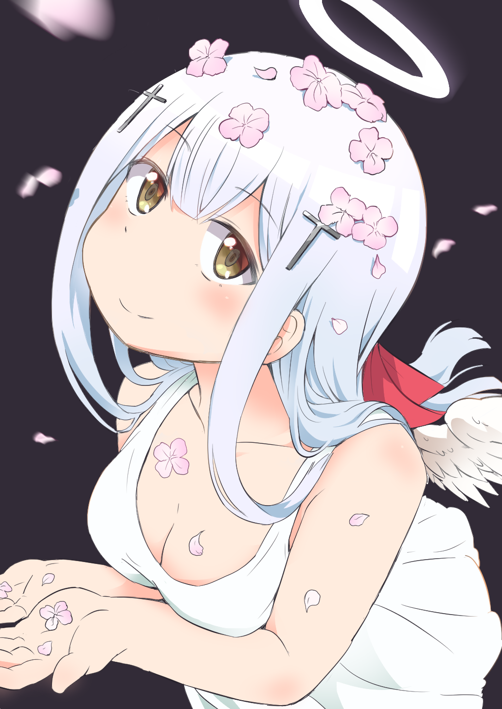 1girl, angel, angel_wings, bangs, bare_shoulders, black_background, blunt_bangs, blush