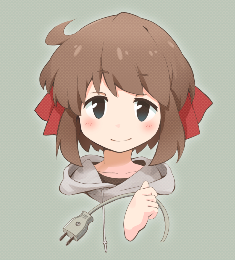 1girl, ahoge, blue_eyes, brown_hair, collarbone, eyebrows_visible_through_hair, grey_hoodie, hair_ribbon