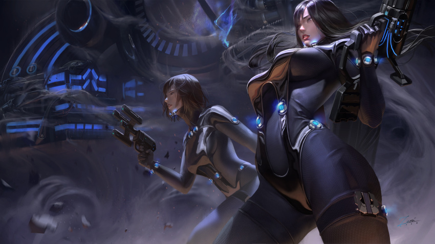 2girls, bangs, banned_artist, black, black_hair, bodysuit, breasts, brown