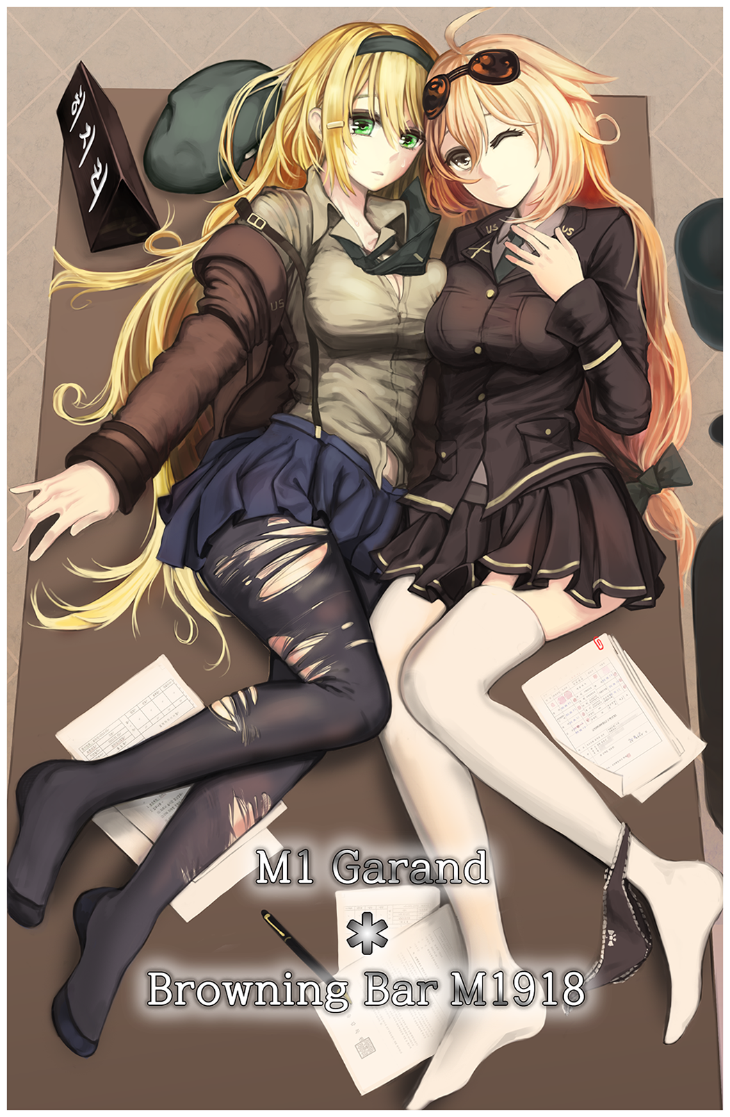 2girls, ;(, beret, black_legwear, black_panties, blonde_hair, breasts, brown_eyes, cleavage, f_and_d, girls_frontline, green_eyes, hat, hat_removed, headwear_removed, highres, korean, legs, lying, m1918_bar_(girls_frontline), m1_garand_(girls_frontline), multiple_girls, on_back, panties, panties_around_leg, pantyhose, paper, pen, skirt, sunglasses, sunglasses_on_head, table, tagme, thigh-highs, torn_clothes, torn_pantyhose, underwear, uniform, white_legwear