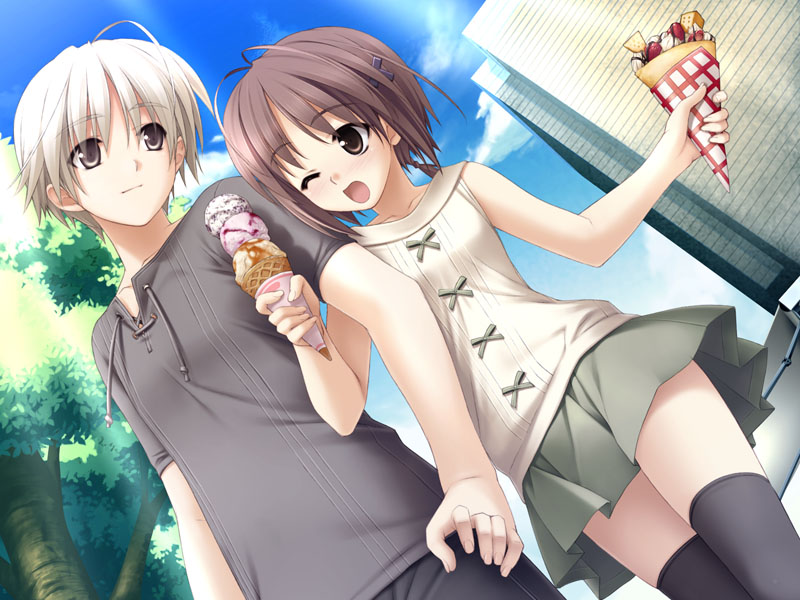 1girl, amatsume_akira, antenna_hair, blink, blush, brown_eyes, brown_hair, couple