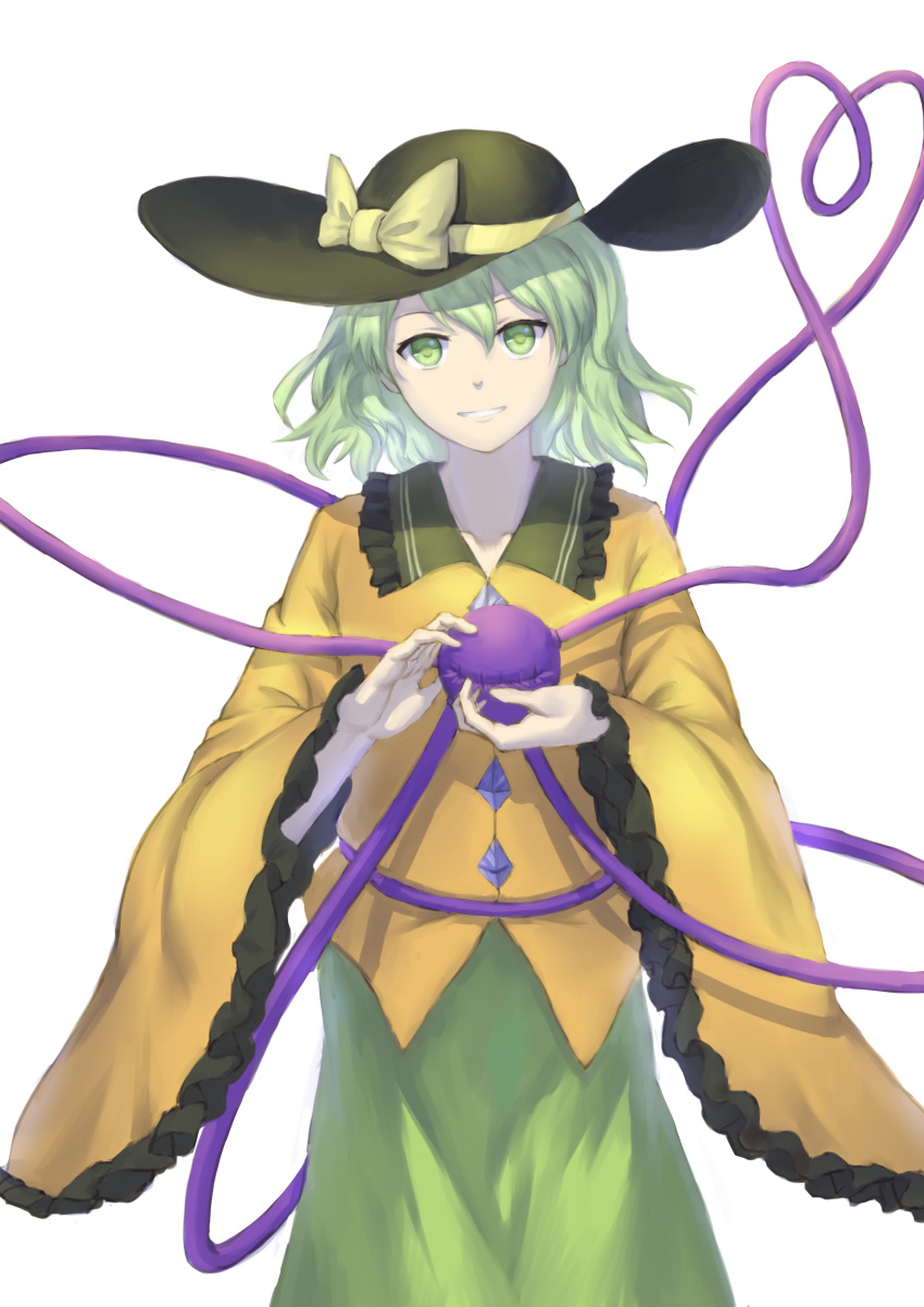1girl, absurdres, dress, hair_between_eyes, hat, highres, holding, komeiji_koishi