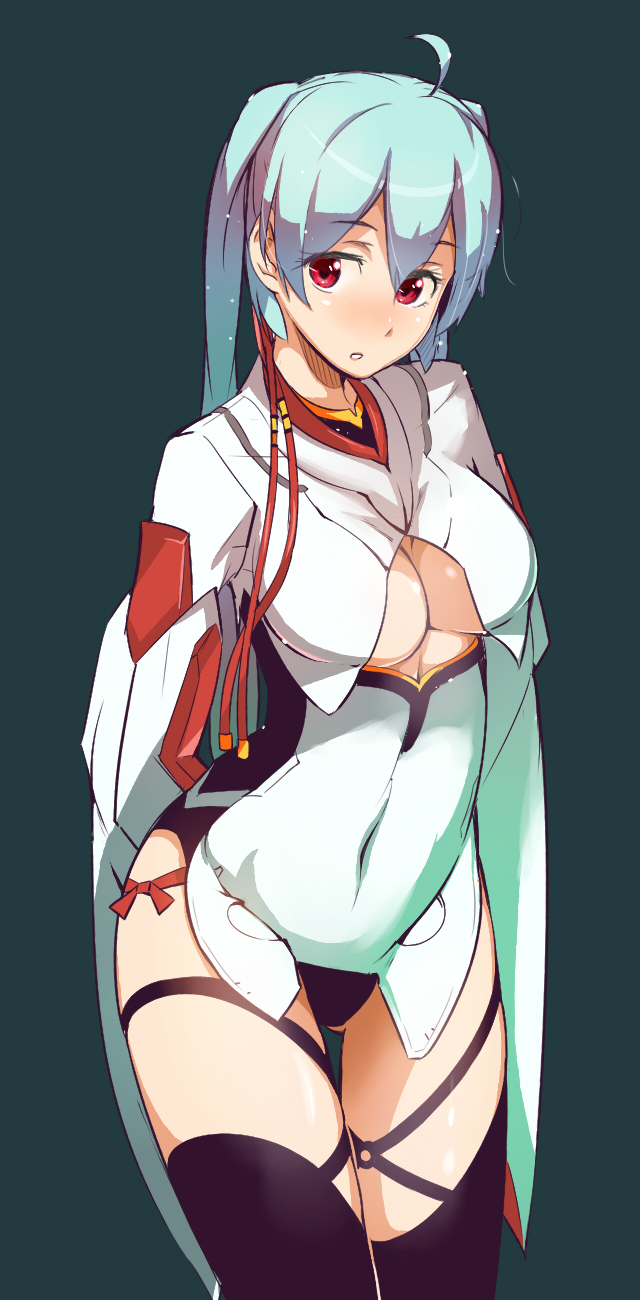 1girl, arms_behind_back, black_legwear, blue_hair, blush, breasts, center_opening, cleavage, commentary_request, covered_navel, cowboy_shot, green_background, highres, long_hair, looking_at_viewer, matoi_(pso2), medium_breasts, mikoto_cluster, phantasy_star, phantasy_star_online_2, red_eyes, simple_background, solo, thigh-highs, tokiwa_mmm, twintails