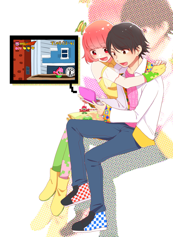 1boy, 1girl, gloves, handheld_game_console, houjou_emu, kamen_rider, kamen_rider_ex-aid, kamen_rider_ex-aid_(series)