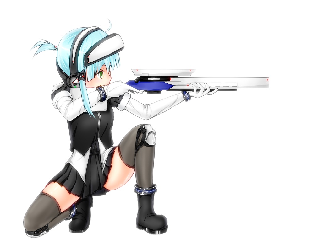 1girl, aiming, alternate_costume, alternate_hair_color, black_legwear, blue_hair, boots, bracelet, ear_protection, earmuffs, elbow_gloves, energy_gun, from_side, gloves, green_eyes, gun, holding, holding_gun, holding_weapon, iris_(material_sniper), jewelry, knee_pads, laser_rifle, long_sleeves, material_sniper, nekozame, scope, sidelocks, simple_background, skirt, solo, squatting, thigh-highs, trigger_discipline, weapon, white_background, white_gloves, zettai_ryouiki