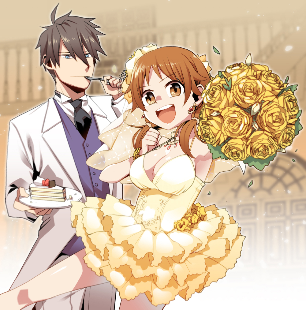 1boy, 1girl, :d, ahoge, akuno_hideo, armpits, bare_legs, bare_shoulders