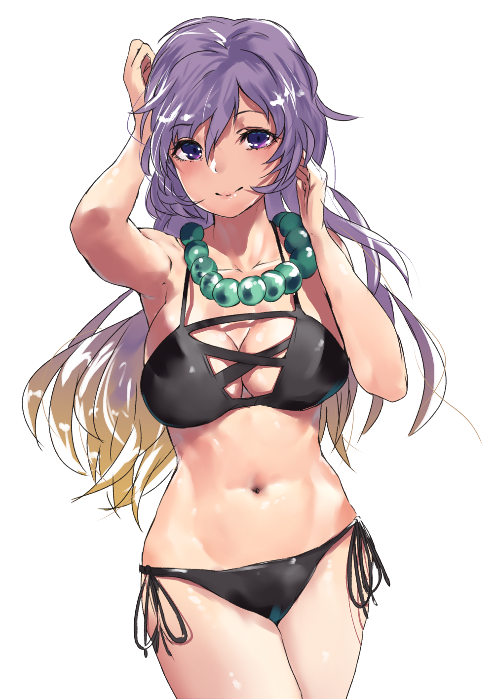1girl, armpits, asuzemu, bangs, beads, bikini, black_bikini, blonde_hair, breasts, cowboy_shot, gradient_eyes, hair_between_eyes, hands_in_hair, highres, hijiri_byakuren, hips, jewelry, large_breasts, long_hair, looking_at_viewer, multicolored, multicolored_eyes, navel, necklace, pink_lips, prayer_beads, purple_hair, shiny, shiny_hair, shiny_skin, simple_background, smile, solo, standing, stomach, string_bikini, swimsuit, thighs, toned, touhou, violet_eyes, white_background