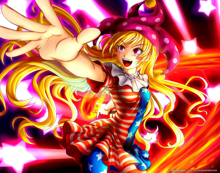 1girl, american_flag, american_flag_dress, american_flag_legwear, ayla_kazemi, beam, blonde_hair, blush_stickers