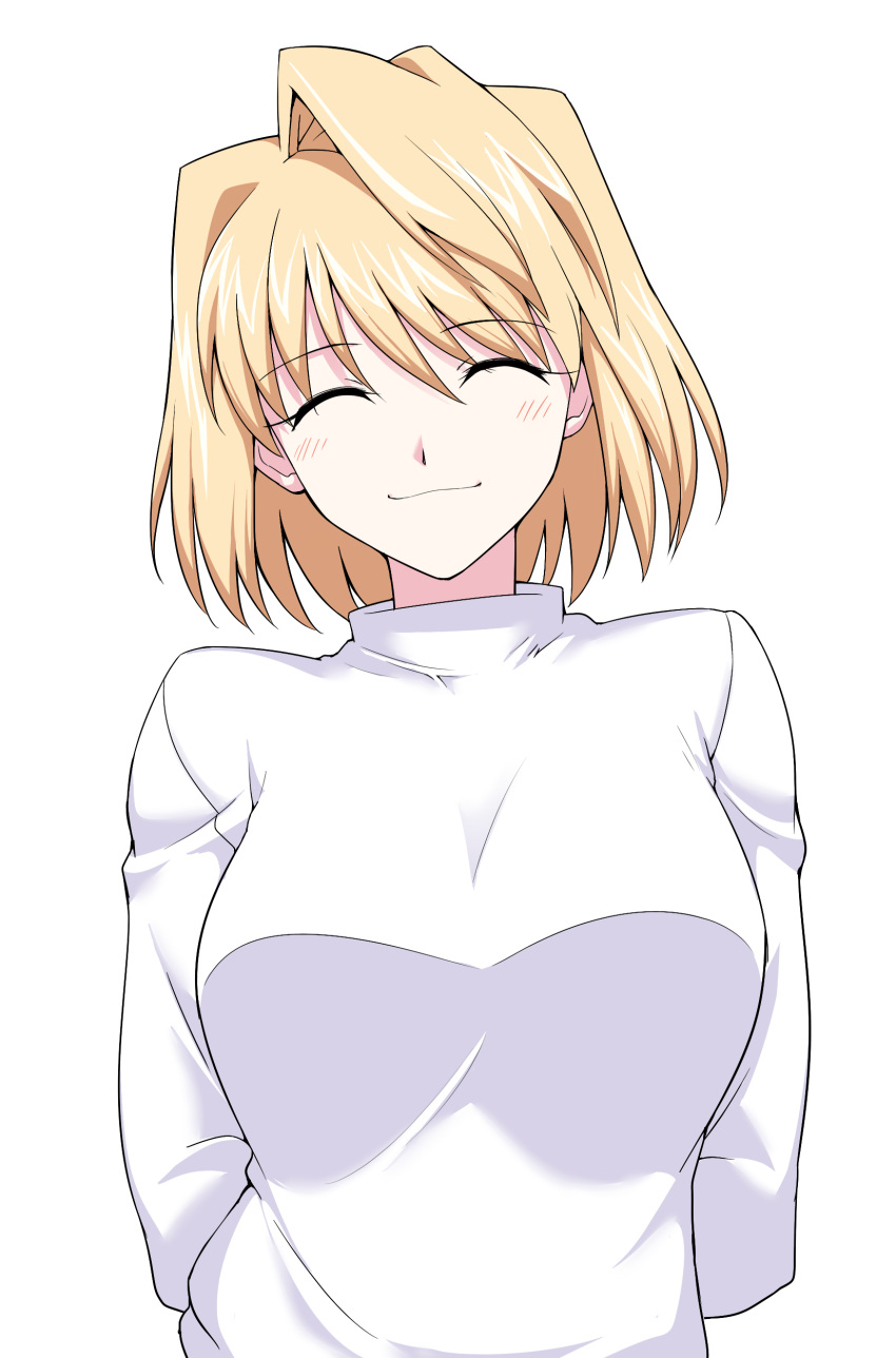 1girl, absurdres, arcueid_brunestud, arms_behind_back, blonde_hair, breasts, close-up, closed_eyes