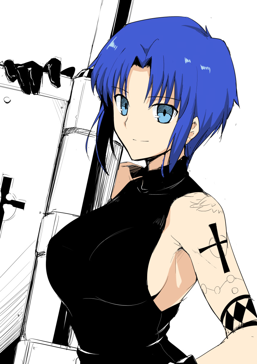 1girl, absurdres, blue_eyes, blue_hair, breasts, ciel, cross, gloves