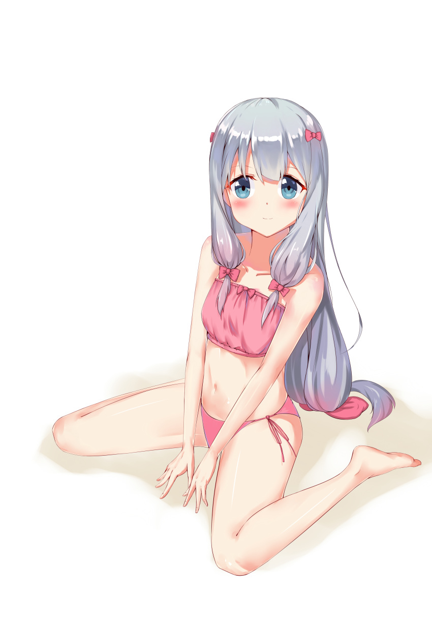 1girl, absurdres, barefoot, bikini, bingzhen_tian_fu_luo, blue_eyes, bow, eromanga_sensei, hair_bow, highres, izumi_sagiri, long_hair, looking_at_viewer, low-tied_long_hair, pink_bikini, pink_bow, side-tie_bikini, silver_hair, simple_background, sitting, solo, swimsuit, wariza, white_background
