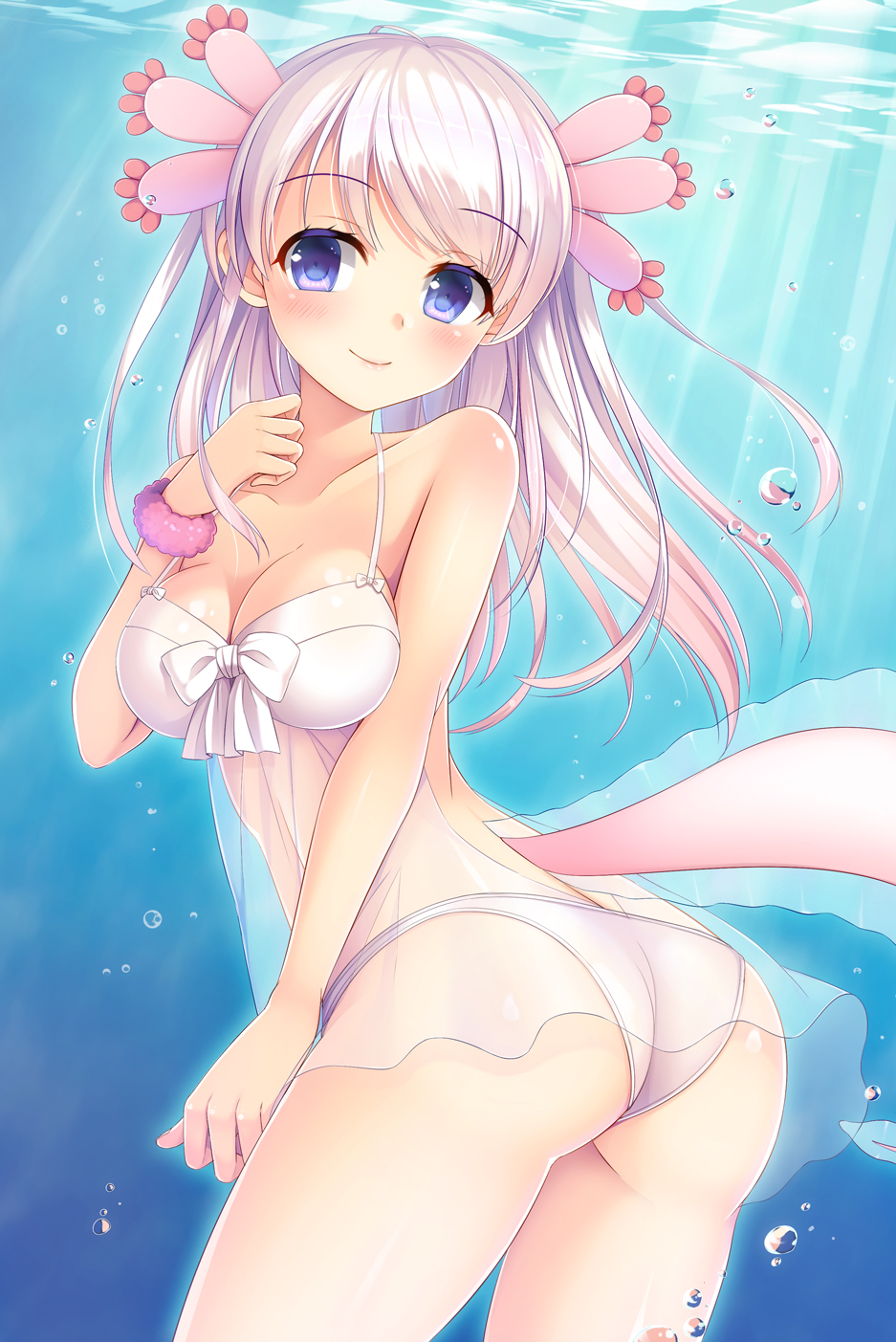 1girl, air_bubble, alternate_eye_color, armband, ass, babydoll, bikini, blue_eyes