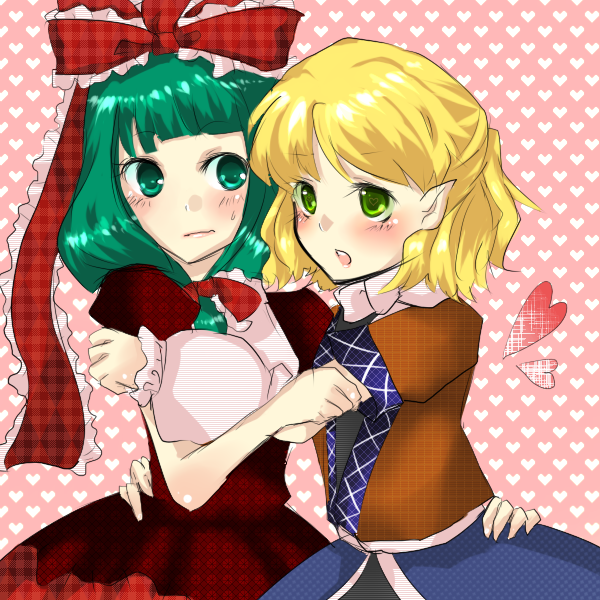 arm_warmers, armwarmers, blonde_hair, blush, dress, frills, green_eyes, green_hair